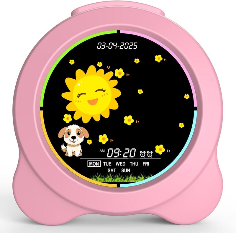 Sinoviwe Kids Alarm Clock Sun & Moon LED Display with Day & Date OK to Wake Clock with Night Light for Kids Children's Sleep Trainer Gift for Boy and Girls (Pink) - Image 1